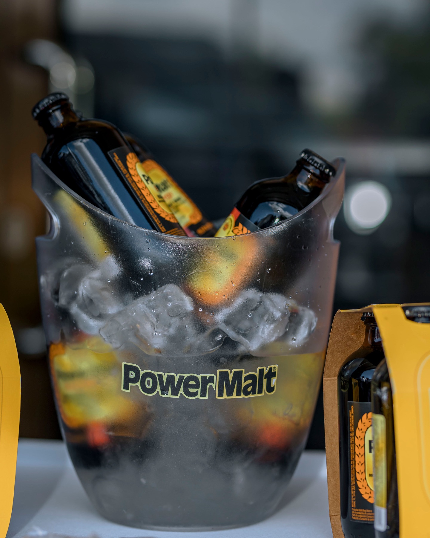 Power Malt bottles chilled in an ice bucket